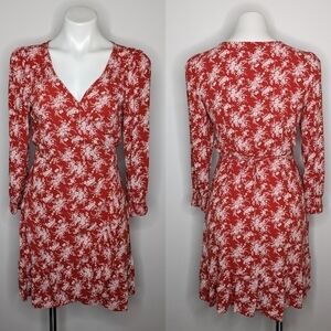 American Eagle red white floral v neck wrap dress M
